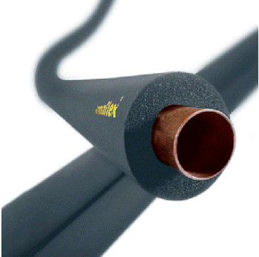 A close-up image of Armaflex Evo Class O pipe insulation features a black foam tube with a copper pipe visible inside. The Armaflex logo is printed in yellow on the side of the insulation. The background shows more of the insulated pipe extending out of t