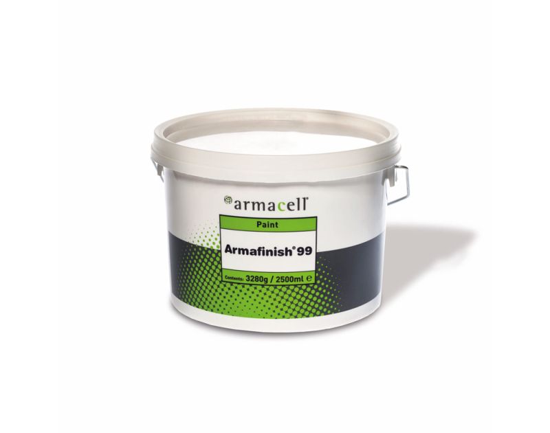 A white plastic container of Black Armacell ArmaFinish 99 paint with a black and green label containing 3280g/25000ml of black paint.