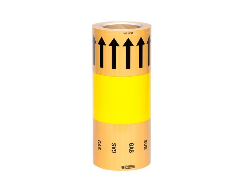 Roll of hazardous material tape with yellow and orange sections featuring black arrows pointing upwards and the word "GAS" repeated, with "PEEL HERE" indicated at the top.